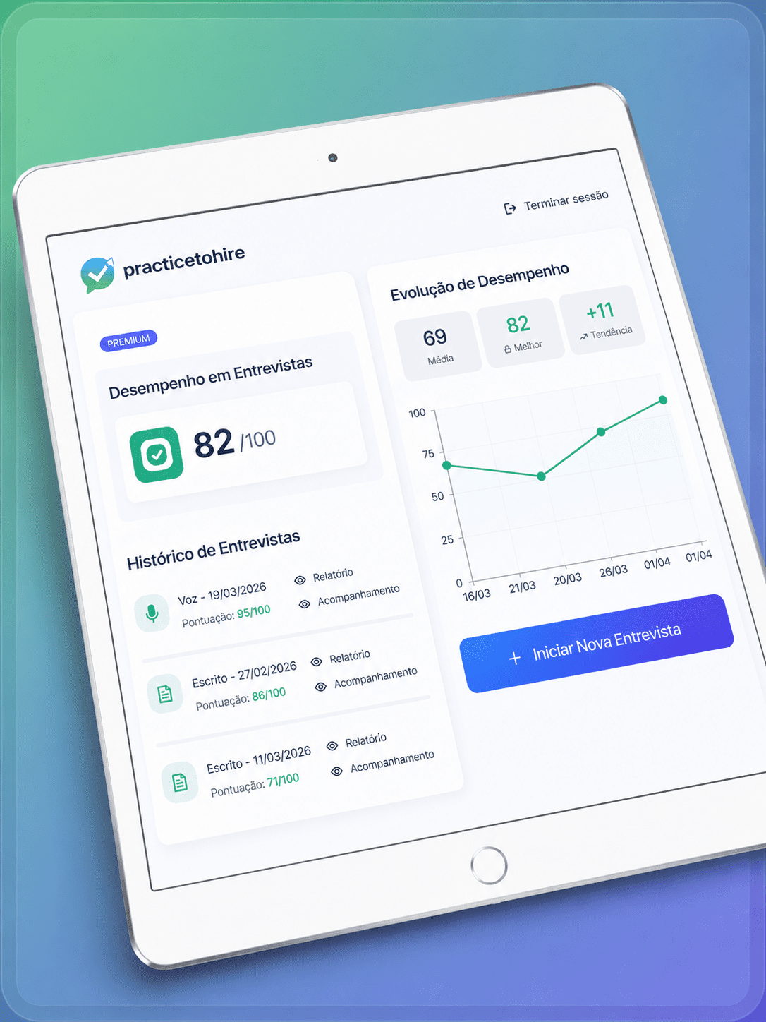 Interface da plataforma de treino de entrevistas